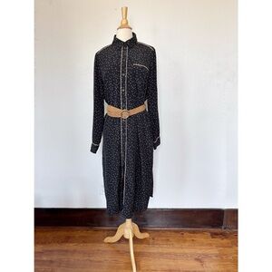 Black & Tan Polka Dot Long Sleeve Button Front Collared Midi Dress